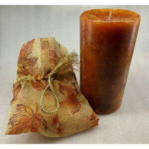 Autumn Themed Decorative 6" Pillar Candle w Leaf-Print Fabric Bag Gold Rope Tie